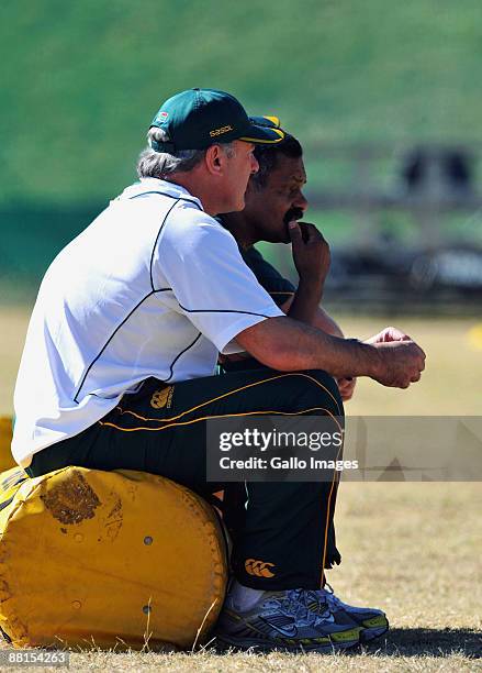 Head coach, Peter de Villiers and Gary Gold look on during the South Africa Springboks training session at Fourways High School on June 2, 2009 in...