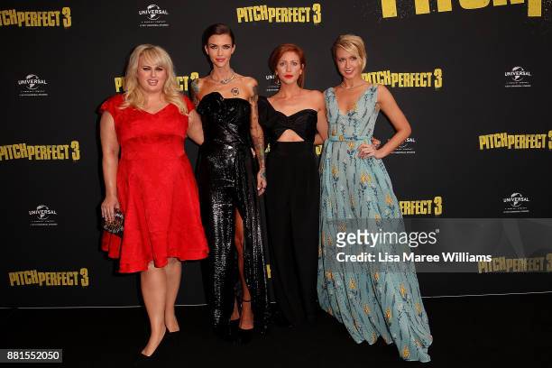 Rebel Wilson, Ruby Rose, Brittany Snow and Anna Camp arrive ahead of the Australian Premiere of Pitch Perfect 3 on November 29, 2017 in Sydney,...