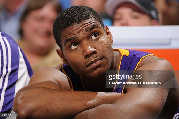 Andrew Bynum of the Los Angeles Lakers watches from the bench in Game Six of the Western Conference Finals against the Denver Nuggets during the 2009...