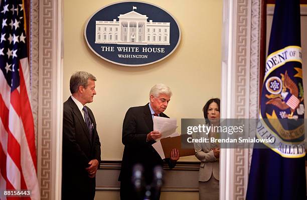 Senator Max Baucus , Senator Christopher Dodd and Nancy-Ann DeParle , Counselor to the President and Director of the White House Office of Health...