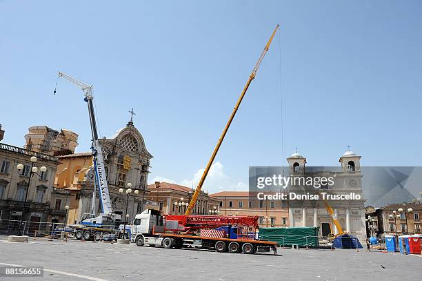 Central L'Aquila were crews are securing buildings and cleaning up after the 6.3 magnitude earthquake that struck the Abruzzo region on April 6, 2009...