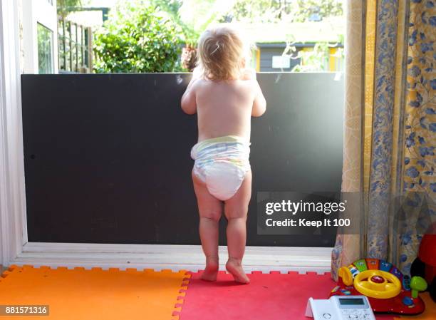 rear view portrait of toddler peering out over safety gate - baby gate stock pictures, royalty-free photos & images