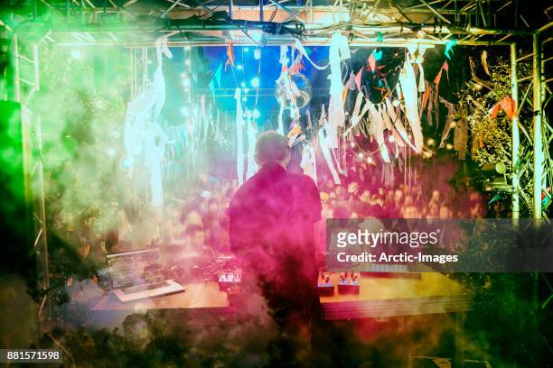 dj playing music at a free music festival at a public park, reykjavik, iceland - dj summer stock pictures, royalty-free photos & images