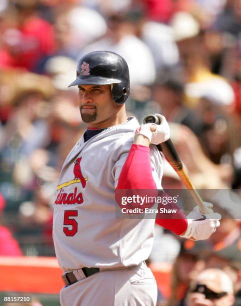 Albert Pujols of the St. Louis Cardinals waits to bat on the on deck circle against the San Francisco Giants at AT&T Park on May 31, 2009 in San...