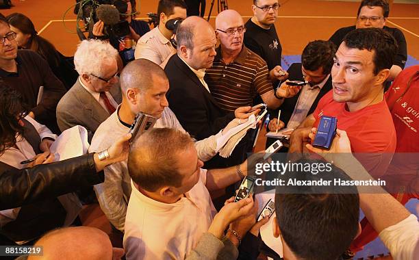 Wladimir Klitschko of Ukraine talks to the media after the training session at his training camp at the hotel Stanglwirt on June 2, 2009 in Going...