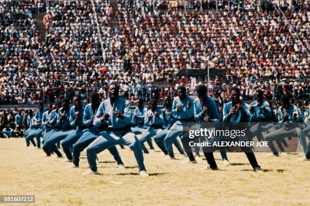 Fifth brigade of Zimbabwean army trained by North Koreans makes a karate demonstration, in May 1984 at the Rufaro stadium, in Harare.