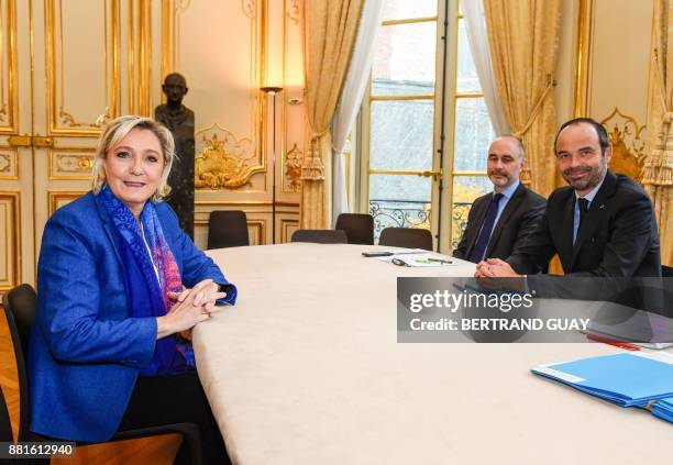 French Prime Minister Edouard Philippe meets with French far-right Front National party president, Marine Le Pen on November 29, 2017 at the Hotel...