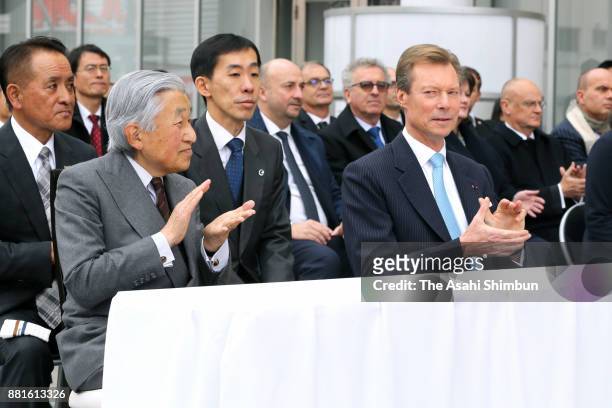 Grand Duke Henri of Luxembourg attends the welcome ceremony with Emperor Akihito at Tsuchiura City Hall on November 28, 2017 in Tsuchiura, Ibaraki,...