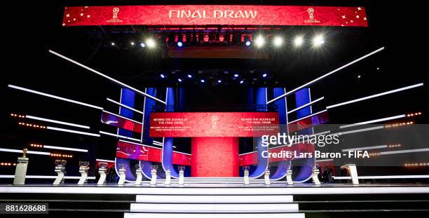 General view of the stage during the Behind the Scenes of the Final Draw for the 2018 FIFA World Cup at the Draw hall on November 29, 2017 in Moscow,...