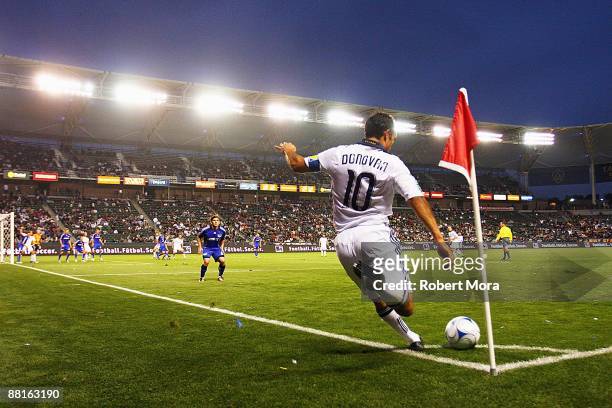 Landon Donovan of the Los Angeles Galaxy takes a corner kick against the Kansas City Wizards during their MLS game at The Home Depot Center on May...