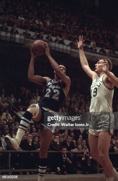 Finals: Los Angeles Lakers Elgin Baylor in action, shot vs Boston Celtics Don Nelson . Boston, MA 4/17/1966--4/19/1966 CREDIT: Walter Iooss Jr.