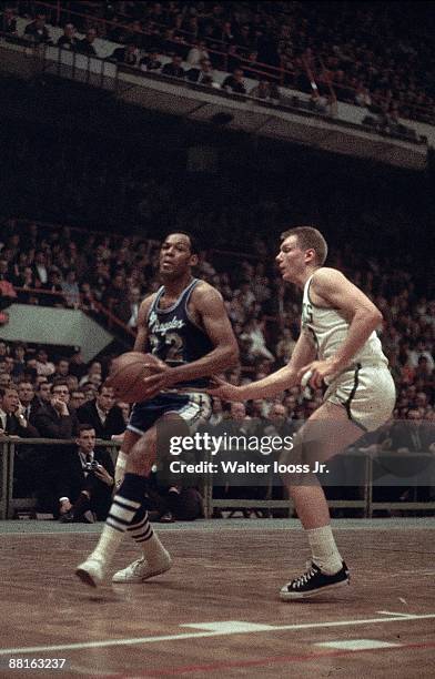 Finals: Los Angeles Lakers Elgin Baylor in action, shot vs Boston Celtics Don Nelson . Boston, MA 4/17/1966--4/19/1966 CREDIT: Walter Iooss Jr.