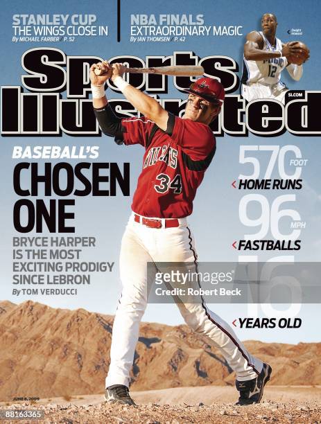 June 8, 2009 Sports Illustrated via Getty Images Cover: High School Baseball: Portrait of Las Vegas High Bryce Harper standing in desert. Las Vegas,...
