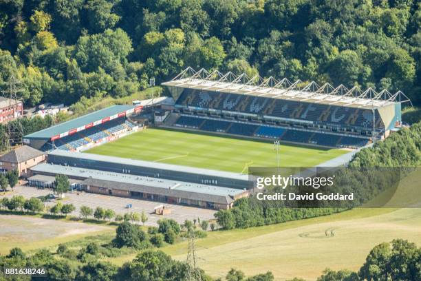 Aerial photograph of Adams Park Stadium, home to football Wycombe Wanderers F.C. On July 2nd, 2017.