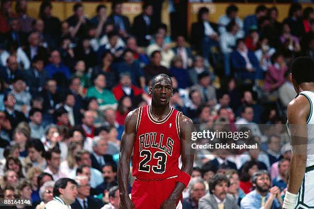 Michael Jordan of the Chicago Bulls looks on during a game against the Boston Celtics played in 1988 at the Boston Garden in Boston, Massachusetts....