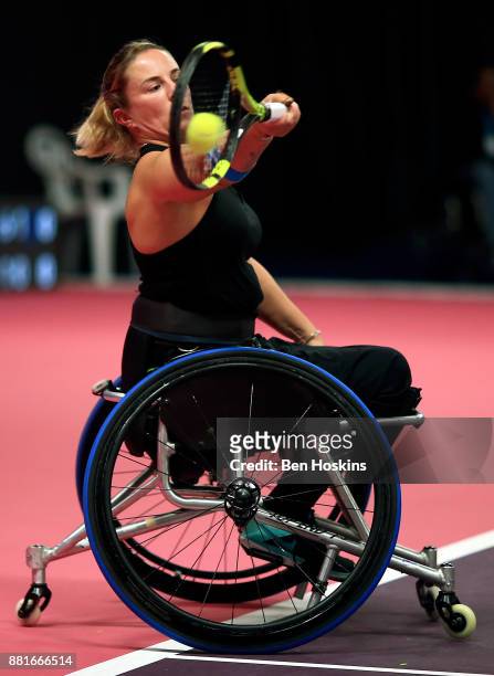 Lucy Shuker of Great Britain in action during her first round match against Diede De Groot of The Netherlands on Day 1 of the NEC Wheelchair Tennis...