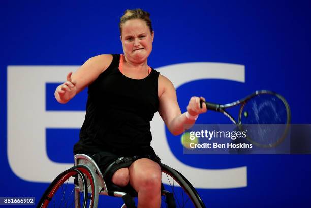 Aniek Van Koot of The Netherlands in action during her first round match against Yui Kamiji of Japan on Day 1 of the NEC Wheelchair Tennis Masters at...