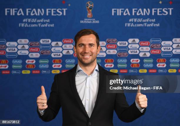 Alexander Kerzhakov poses ahead of the announcement of the new 2018 FIFA Fan Fest Ambassadors for the 2018 FIFA World Cup at the media center on...