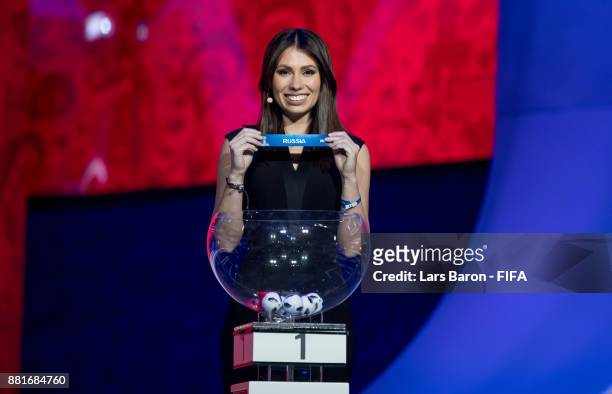 Maria Komandnay is seen on stage during the Behind the Scenes of the Final Draw for the 2018 FIFA World Cup at the Draw hall on November 29, 2017 in...