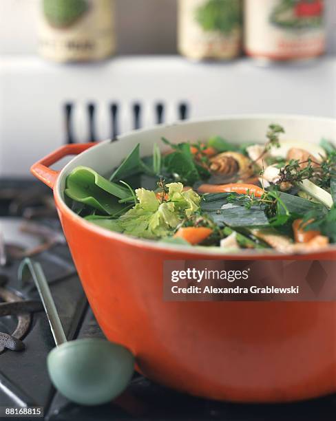 vegetable stock on stove - broth stock pictures, royalty-free photos & images