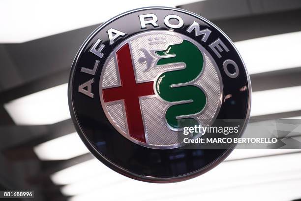 Picture shows the logo of car maker Alfa Romeo on November 29, 2017 at the Alfa Romeo Historical Museum in Arese, near Milan. Alfa Romeo are...