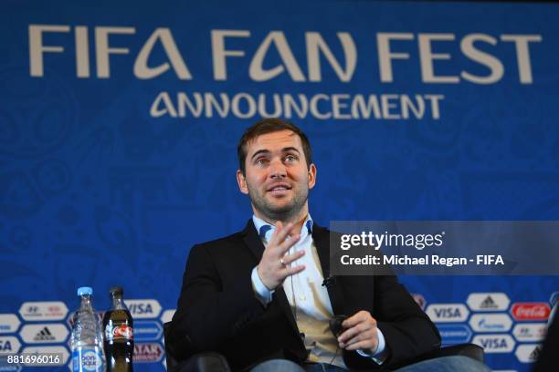 Alexander Kerzhakov speaks to the media during the announcement of the new 2018 FIFA Fan Fest Ambassadors for the 2018 FIFA World Cup at the media...