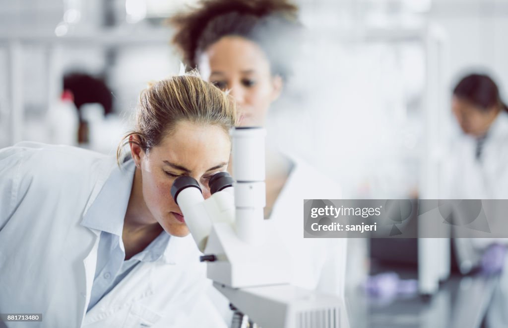 Female Scientist Looking Through A Microscope