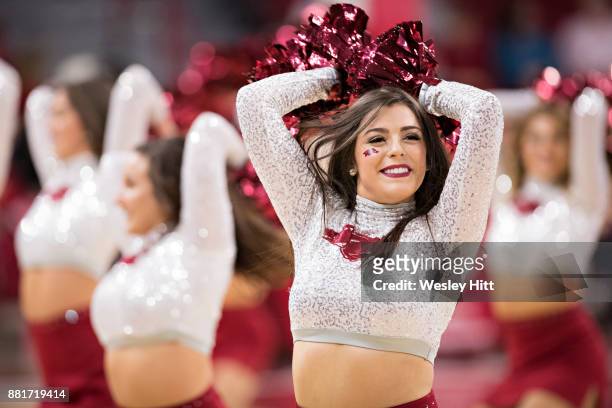 Cheerleaders of the Arkansas Razorbacks perform during a game against the Fresno State Bulldogs at Bud Walton Arena on November 17, 2017 in...