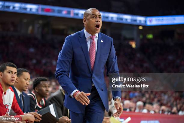 Head Coach Rodney Terry of the Fresno State Bulldogs yells to his team during a game against the Arkansas Razorbacks at Bud Walton Arena on November...