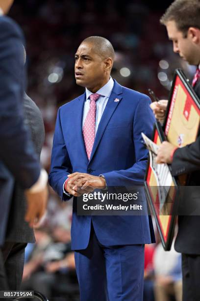 Head Coach Rodney Terry of the Fresno State Bulldogs talks with team during a game against the Arkansas Razorbacks at Bud Walton Arena on November...