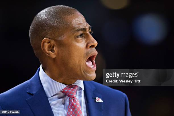 Head Coach Rodney Terry of the Fresno State Bulldogs yells to his team during a game against the Arkansas Razorbacks at Bud Walton Arena on November...