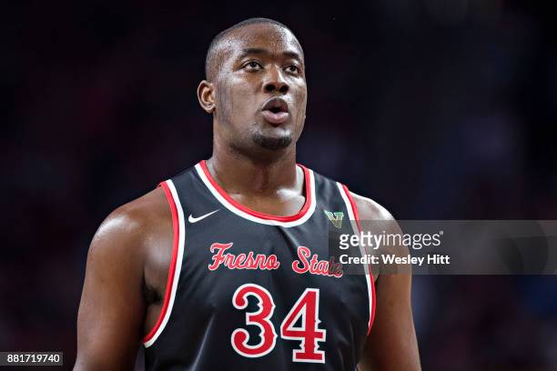 Terrell Carter II of the Fresno State Bulldogs at the free throw line during a game against the Arkansas Razorbacks at Bud Walton Arena on November...