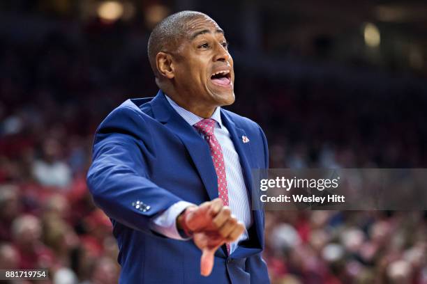 Head Coach Rodney Terry of the Fresno State Bulldogs yells to his team during a game against the Arkansas Razorbacks at Bud Walton Arena on November...