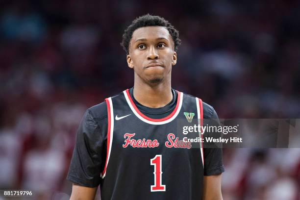 Jaron Hopkins of the Fresno State Bulldogs looks to the bench during a game against the Arkansas Razorbacks at Bud Walton Arena on November 17, 2017...