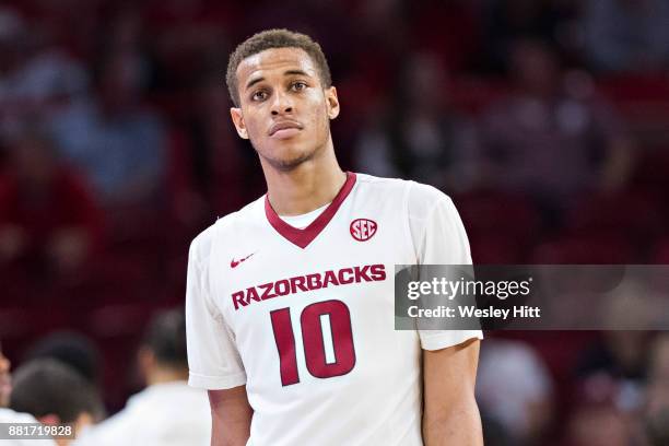 Daniel Gafford of the Arkansas Razorbacks looks at the camera during a game against the Fresno State Bulldogs at Bud Walton Arena on November 17,...