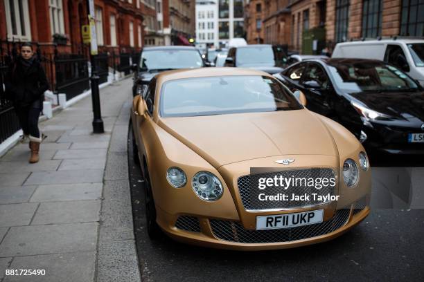 Bentley car sits parked in Knightsbridge on November 29, 2017 in London, England. The American actress Meghan Markle is to live at Nottingham Cottage...