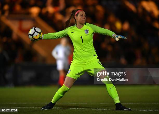 Karen Bardsley of England throws the ball during the FIFA Women's World Cup Qualifier between England and Kazakhstan at Weston Homes Community...