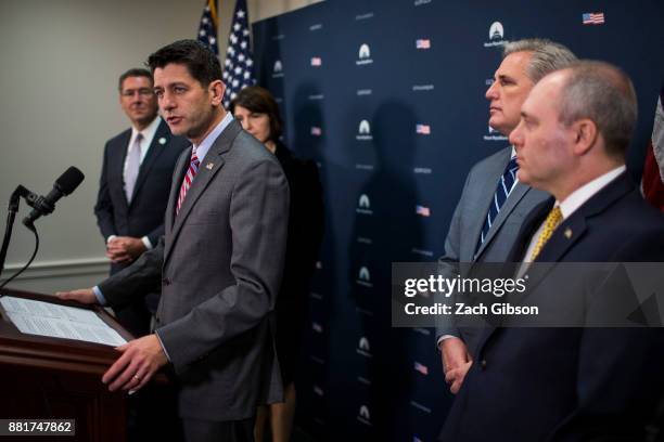 Speaker of the House Paul Ryan speaks during a press conference following the weekly party conference on Capitol Hill November 29, 2017 in...