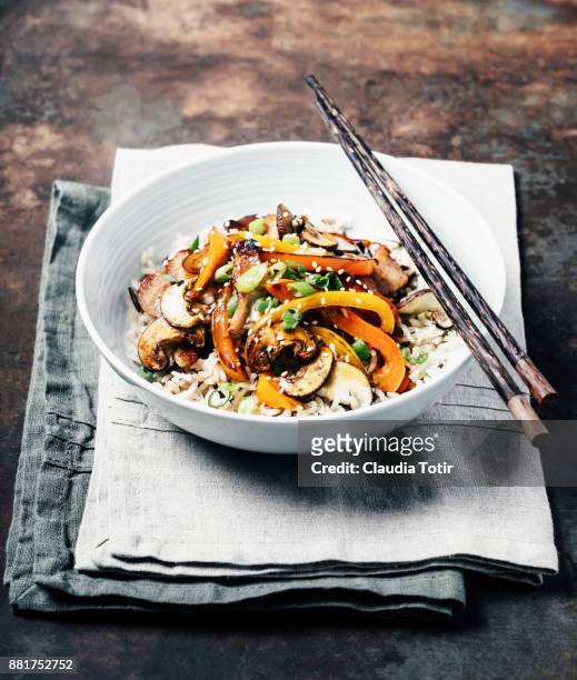 stir-fried pork with vegetables and rice - stir fried stock pictures, royalty-free photos & images