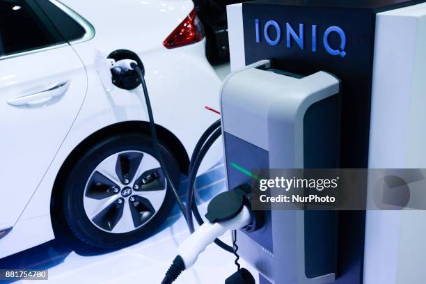 Charging plug of an electric Hyundai Ioniq Electric car on display during The 34th Thailand International Motor Expo 2017 at Muang Thong Thani in...