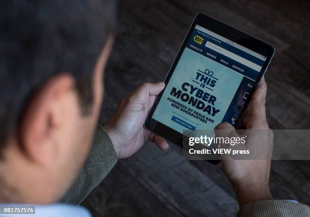 In this photo illustration,Best Buy advertise Cyber Monday sales on it's company websites on November 27, 2017 in Guttenberg, New Jersey. Americans...