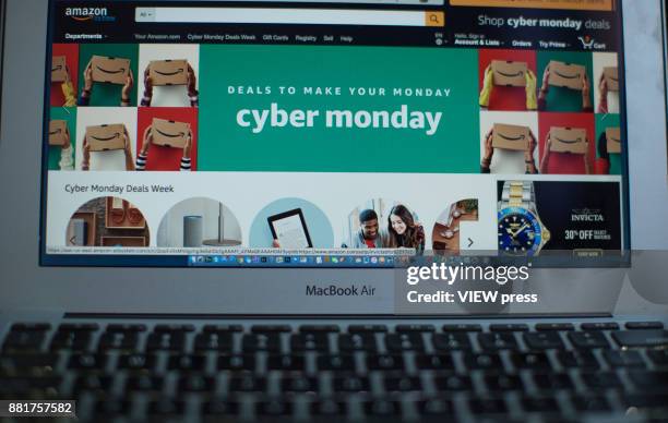 In this photo illustration, Amazon advertise Cyber Monday sales on it's company websites on November 27, 2017 in Guttenberg, New Jersey. Americans...