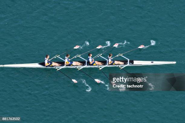 squadra maschile quadrupla di canottaggio scull in gara, lago di bled, slovenia - sport di squadra foto e immagini stock