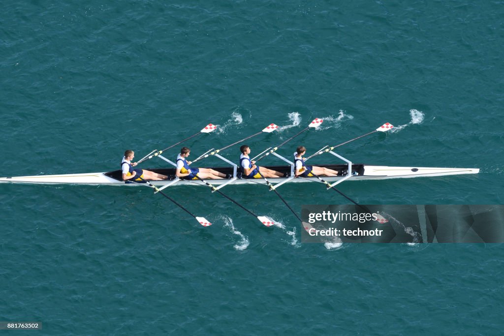 Male Quadruple Scull Rowing Team At the Race, Lake Bled, Slovenia