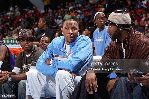 Shawn Marion of the Toronto Raptors talks to Tracy McGrady of the Houston Rockets during the 2009 Basketball Battle of the Sexes game on June 2, 2009...