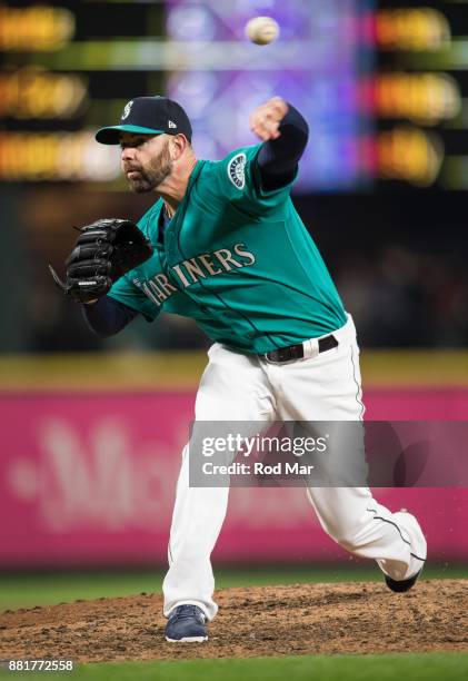 Marc Rzepczynski of the Seattle Mariners pitches during the game against the Texas Rangers at Safeco Field on Friday, April 14, 2017 in Seattle,...