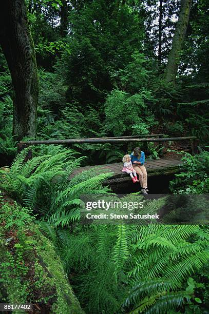"mother and daughter sitting in lush woodland , larrabee state park , washington" - polypodiaceae stock pictures, royalty-free photos & images