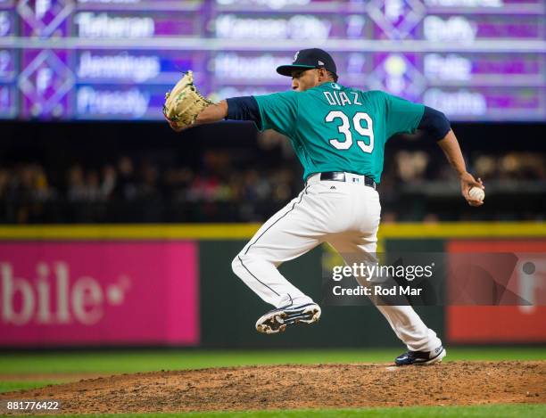 Edwin Diaz of the Seattle Mariners pitches during the game against the Texas Rangers at Safeco Field on Friday, April 14, 2017 in Seattle, Washington.