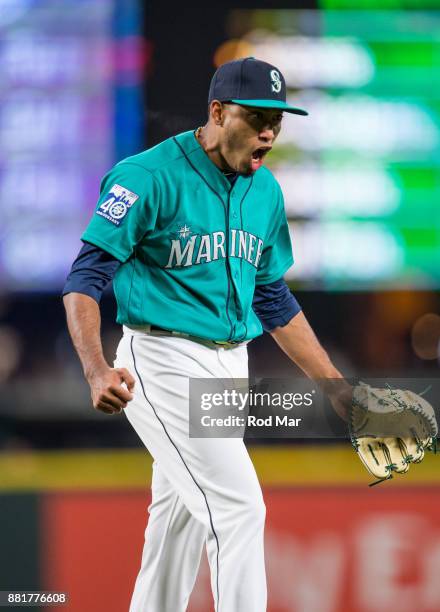 Edwin Diaz of the Seattle Mariners reacts during the game against the Texas Rangers at Safeco Field on Friday, April 14, 2017 in Seattle, Washington.