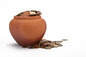 earthen jar, coins in a earthen jar, Lucrative success in business. Saving Money Investment And Interest Concept